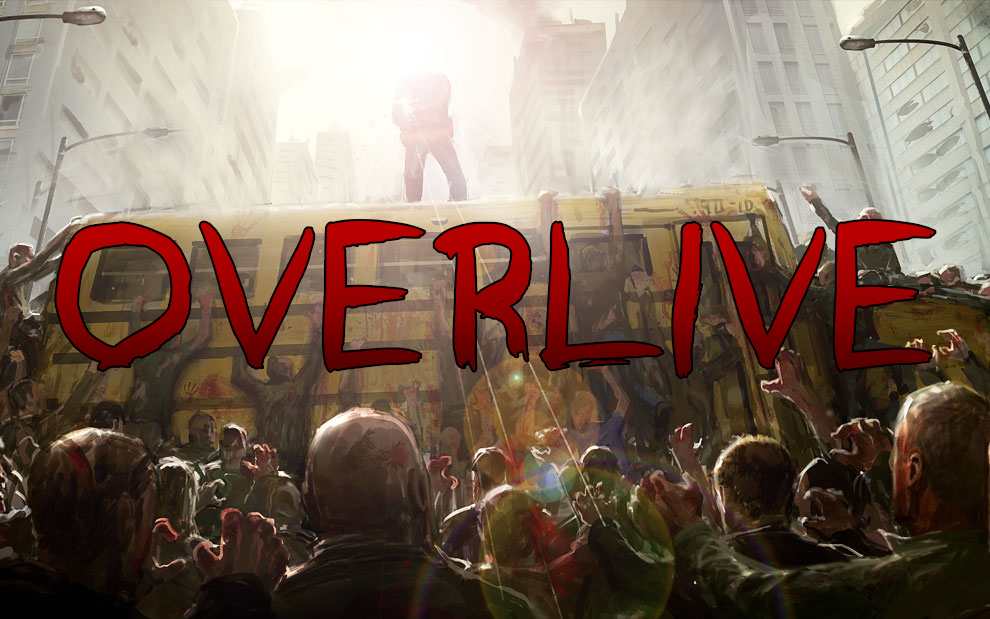 Overlive — a survivor stands on a bus surrounded by a zombie horde