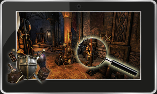 Retro Room Escapes — searching a castle chamber with a magnifying glass